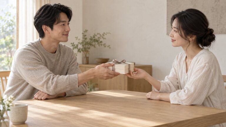 Two adults sharing a small cream gift box in soft daylight.