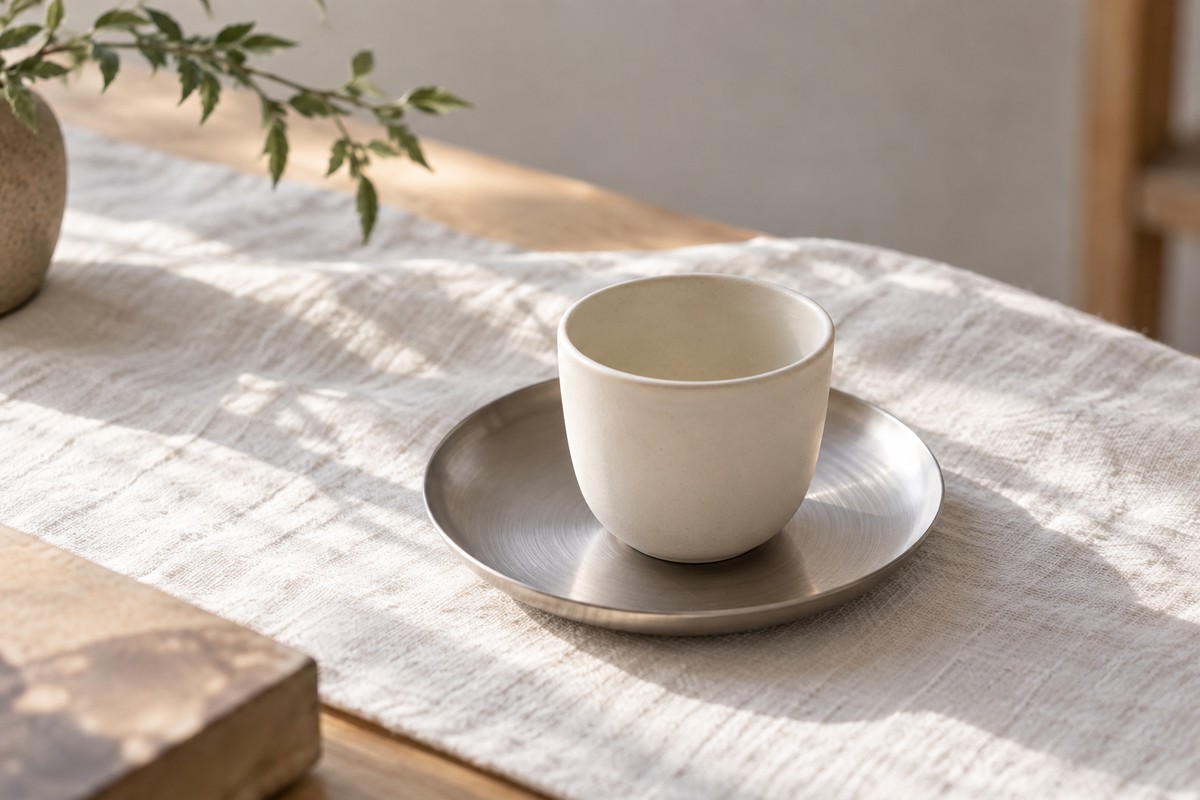 A pale ceramic cup resting on a silver-tone dish over white linen.
