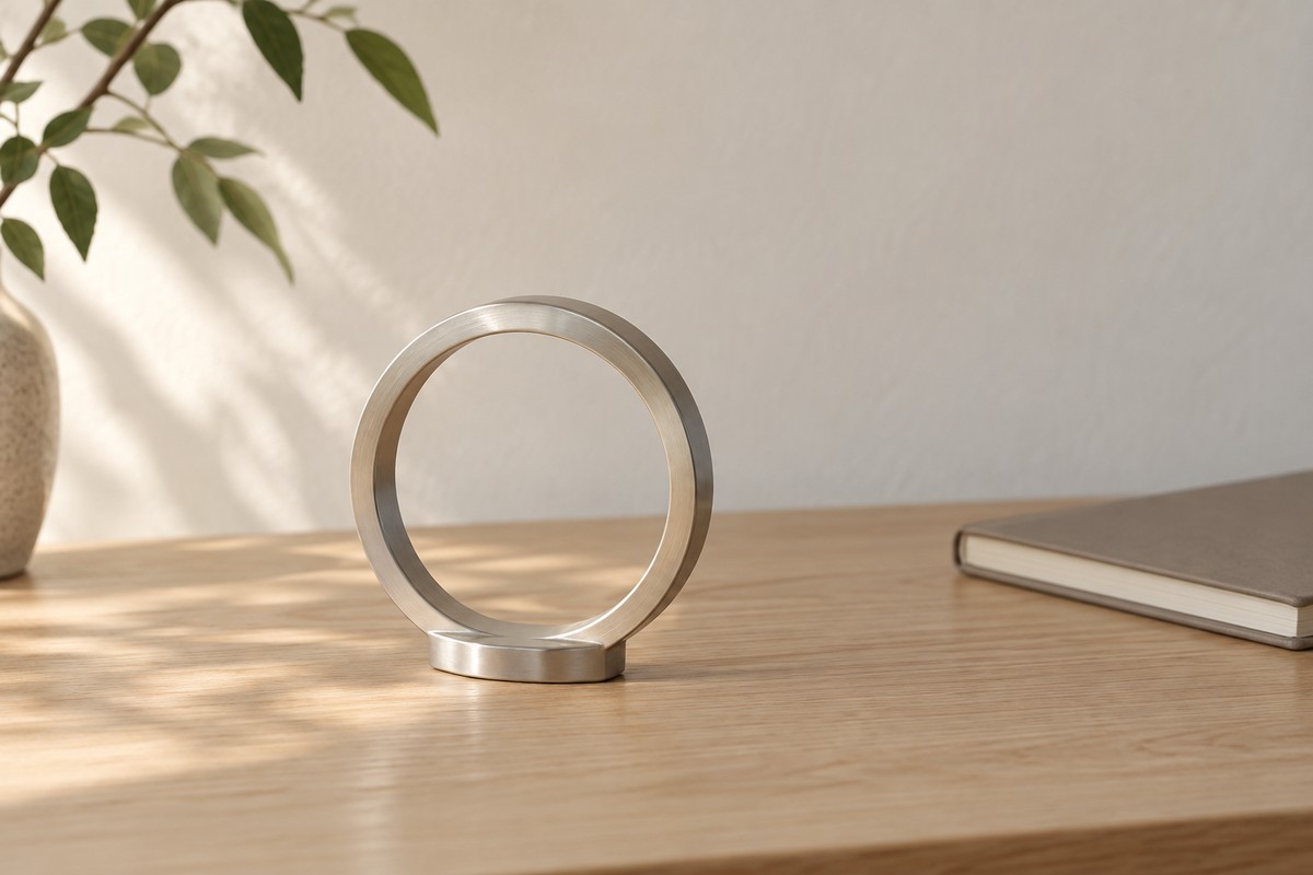 A brushed silver-tone circular ornament on a pale wooden desk.