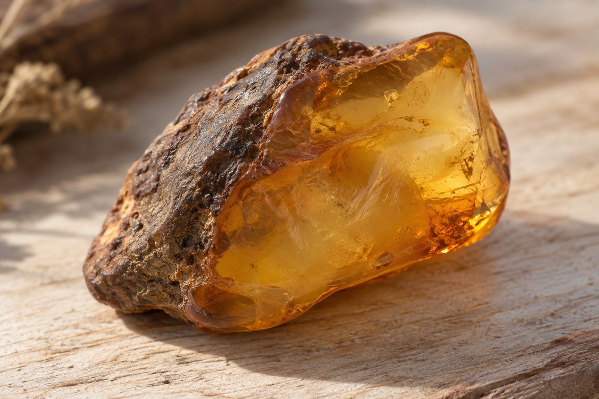 Amber piece with a rough brown exterior beside a polished honey-colored face