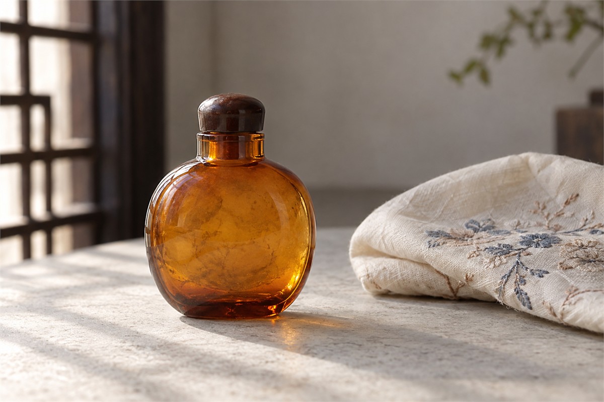 Small rounded amber glass snuff bottle beside a folded embroidered cloth.
