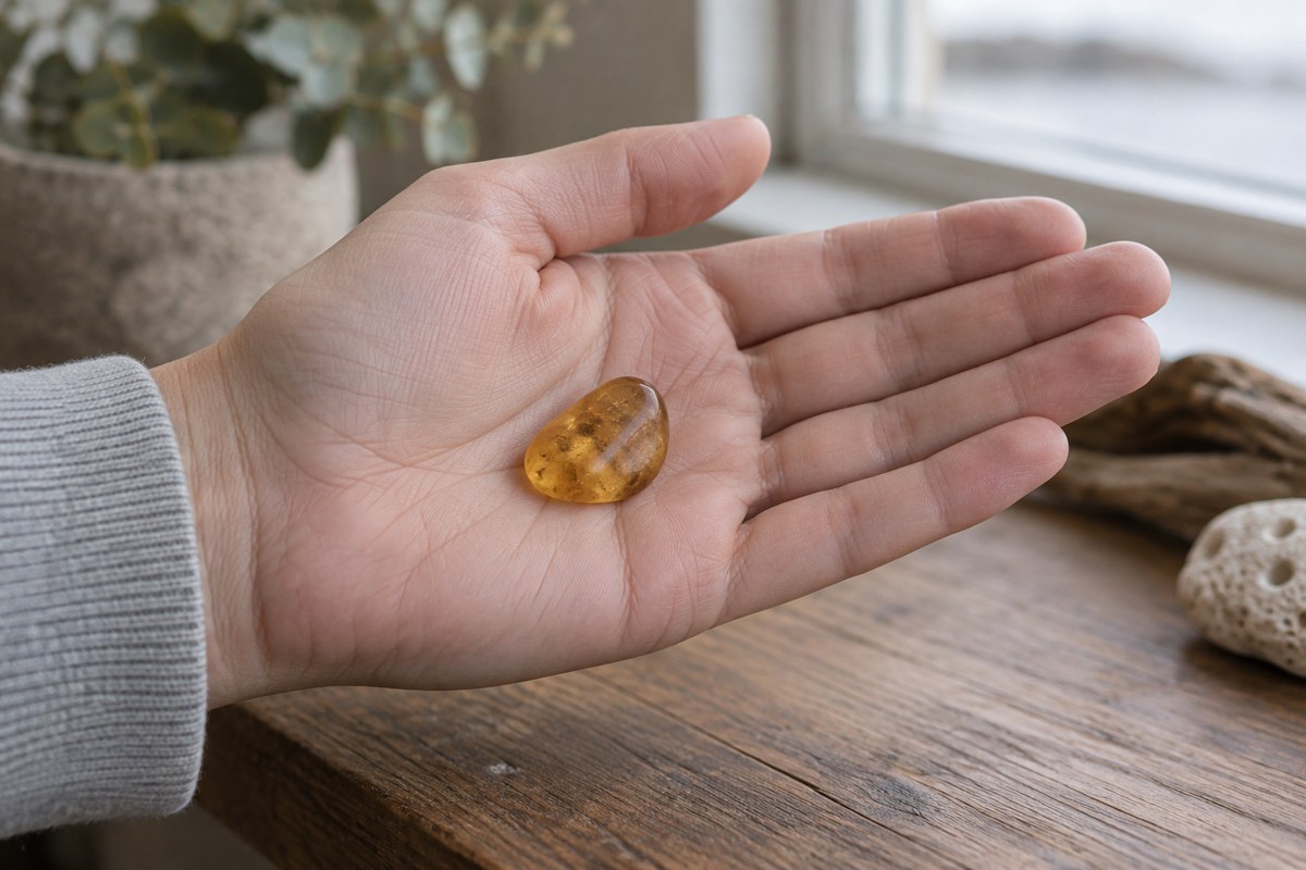 A small amber piece rests in an open hand.