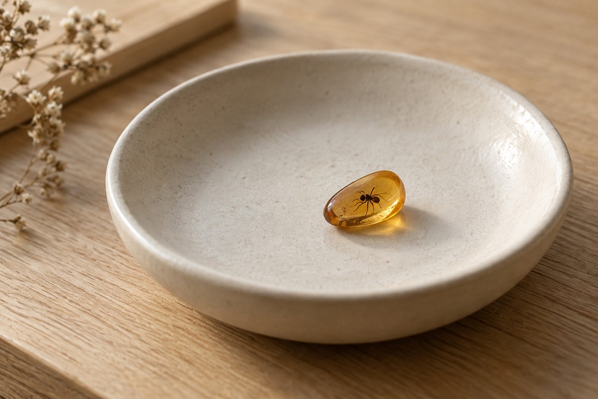 A small amber pebble resting alone in a shallow ceramic dish.