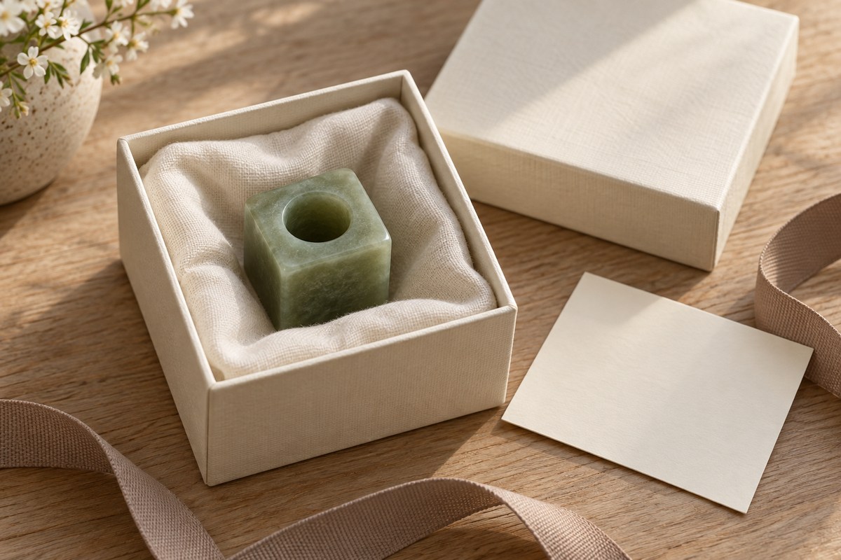 Small green cong-shaped jade piece resting in an open cream gift box beside a blank card