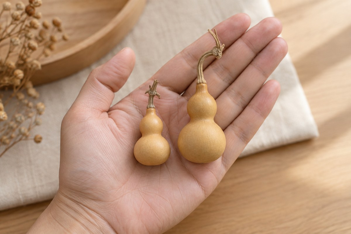 Two small dried gourds of different sizes rest in an open palm.