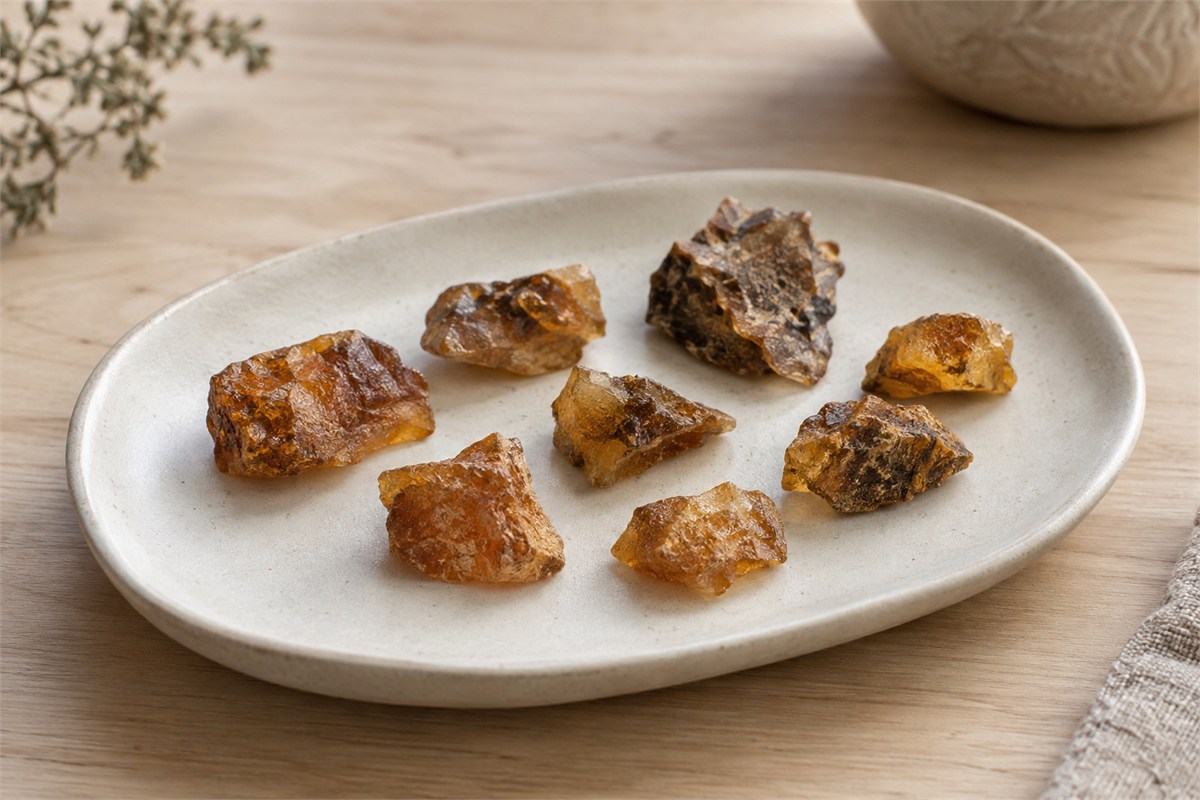 Golden-brown fragments on a pale ceramic tray.
