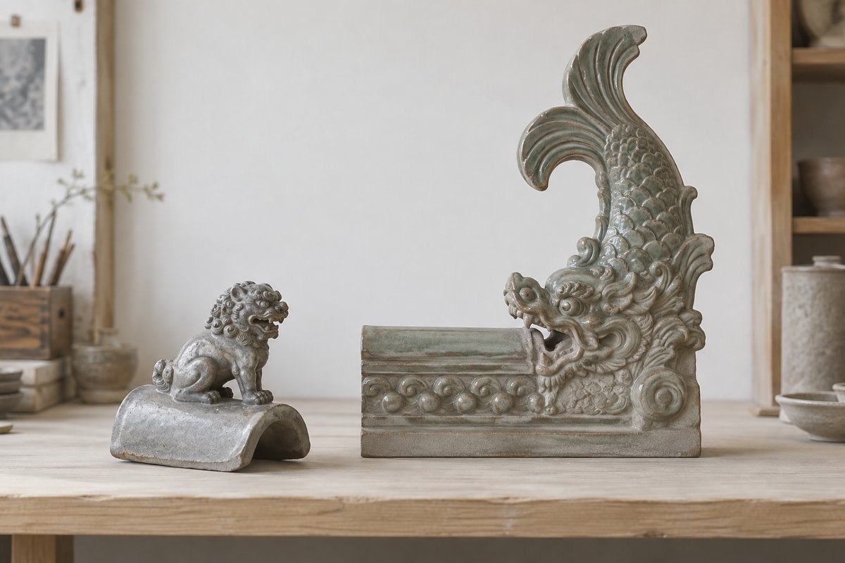 A small lion ridge-tile model beside a taller dragon-mouthed Chiwen model.