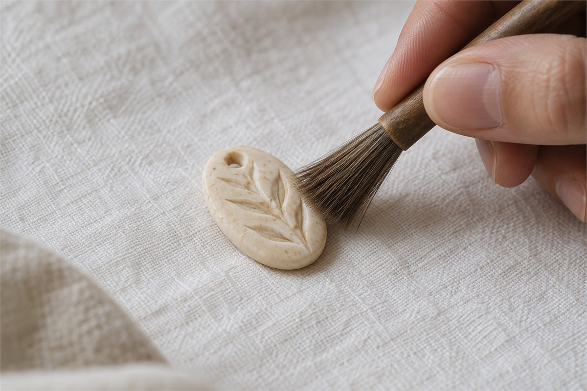 Soft brush lifting light dust from a carved pendant on cloth.