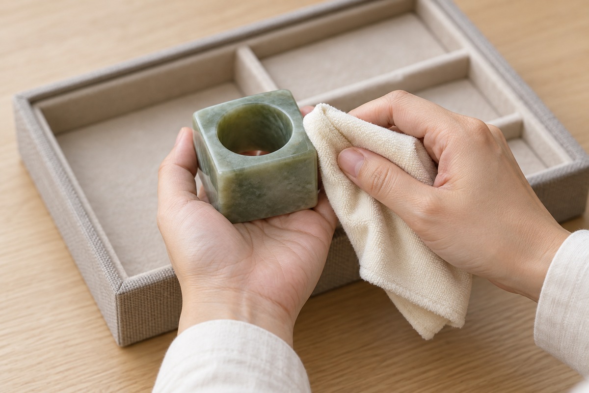 Hands gently wiping a small modern jade cong with a soft cream cloth