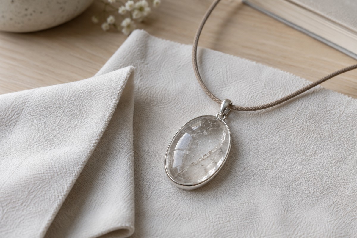 A clear pendant lying on a soft cleaning cloth beside its cord.
