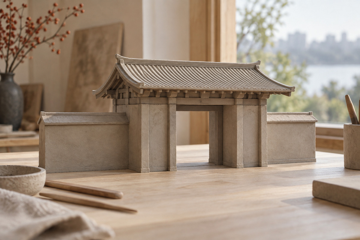 A clay architectural model shows a central gate opening beneath a tiled roof.