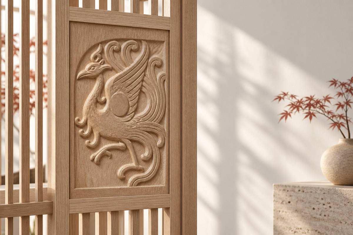 A stylized Zhuque relief is set into a natural wood screen.