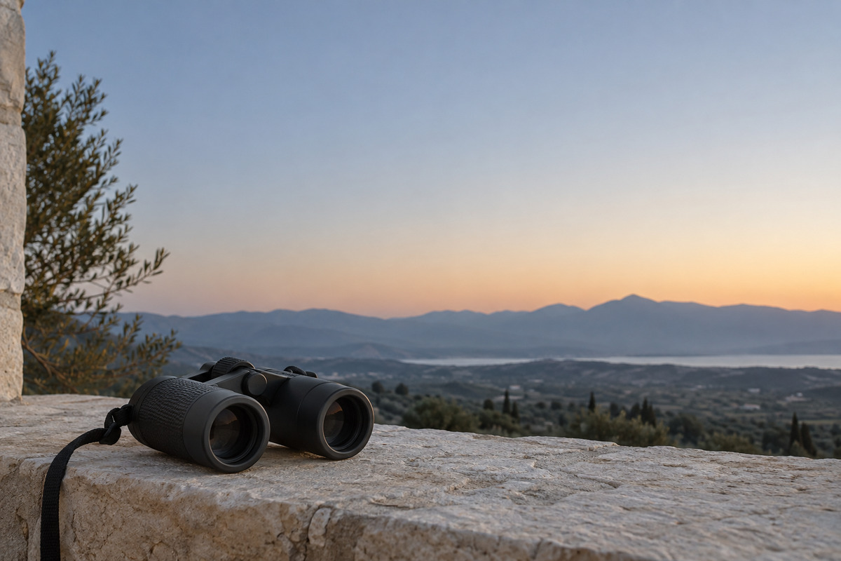 Binoculars sit on a light stone ledge beneath a quiet dusk sky.