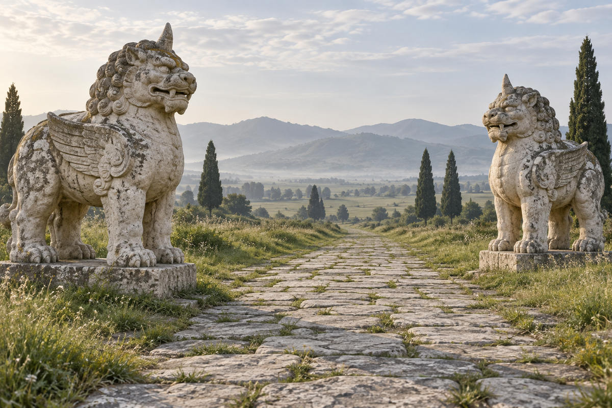 Stone guardian animals lining an outdoor processional path