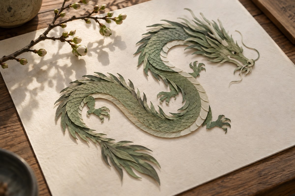 A slender green paper dragon curls beside a budding branch.