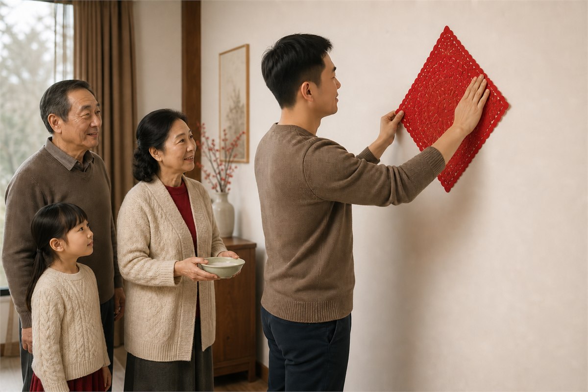 A man uses both hands to place a red diamond-shaped paper decoration while three family members watch.