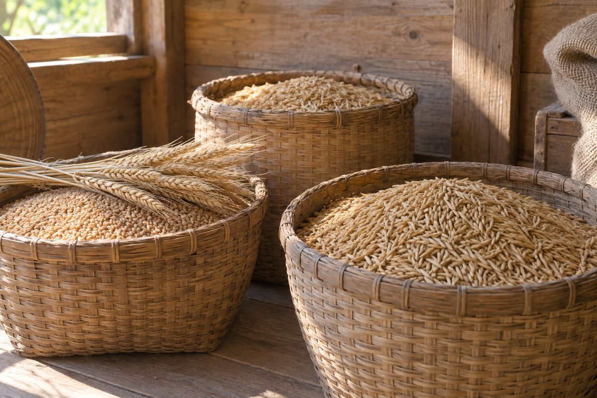 Woven baskets of grain and wheat ears in a softly lit wooden storehouse.