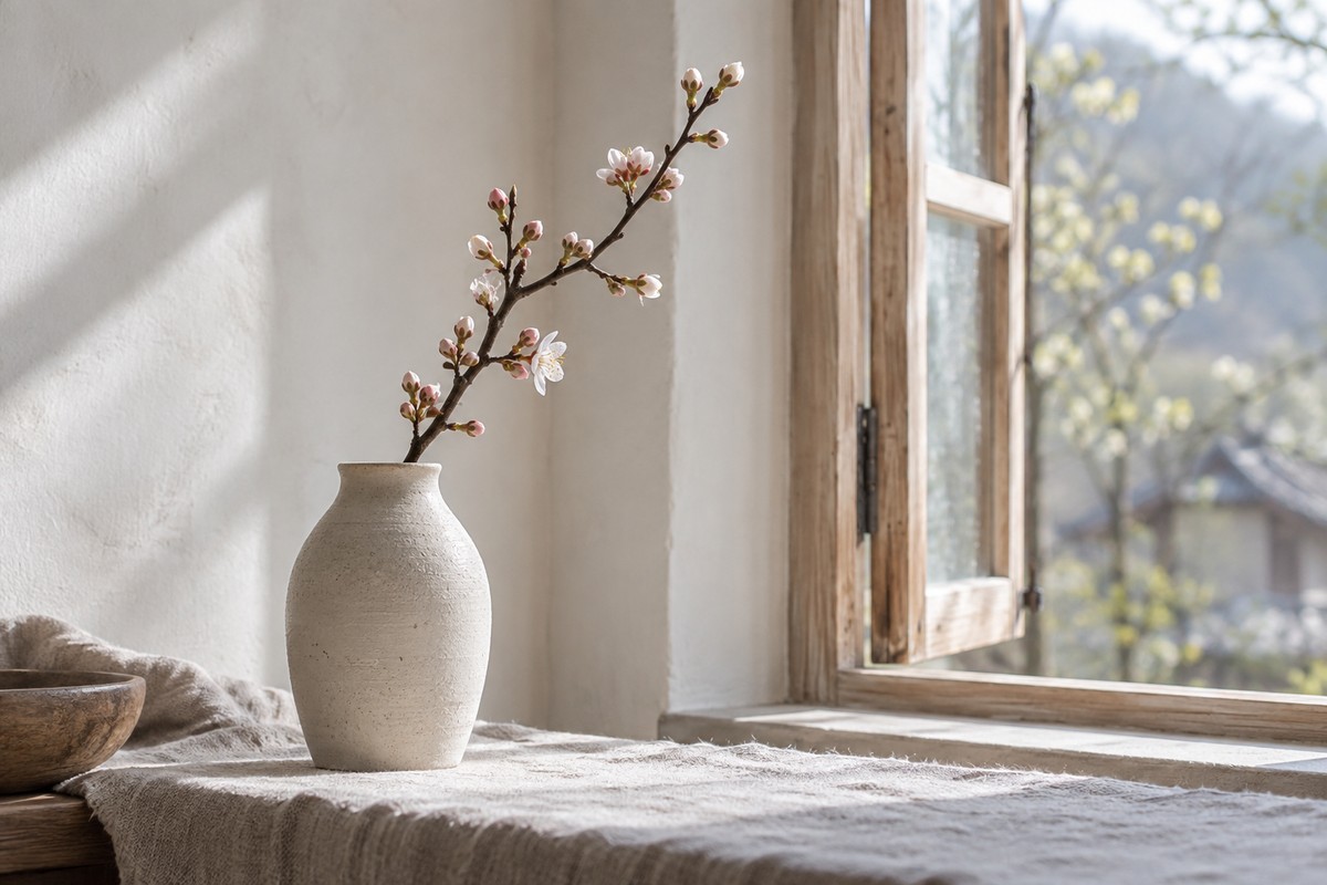 A budding plum branch in an ivory vase beside an open wooden window.