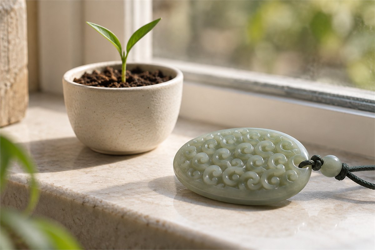 A small green seedling in an unglazed pot stands beside a grain-pattern jade pendant.