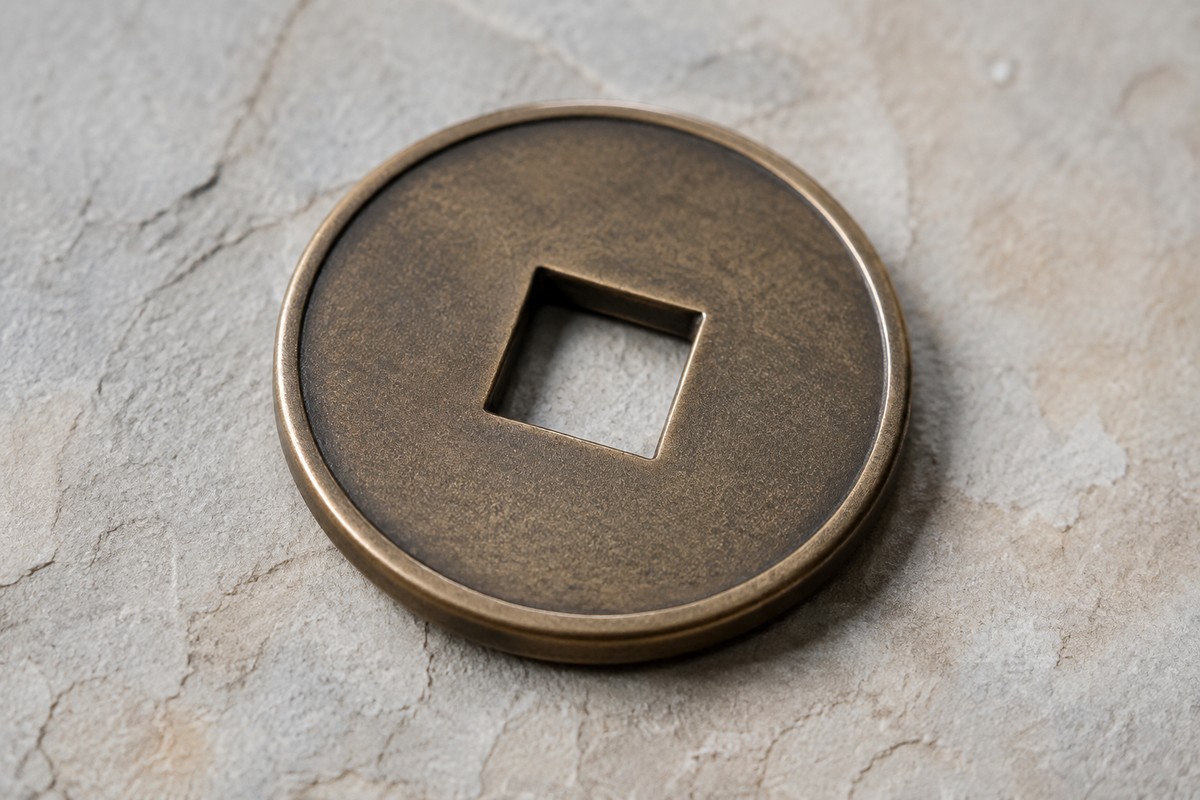 Close view of a plain bronze-colored coin form with a square central opening.