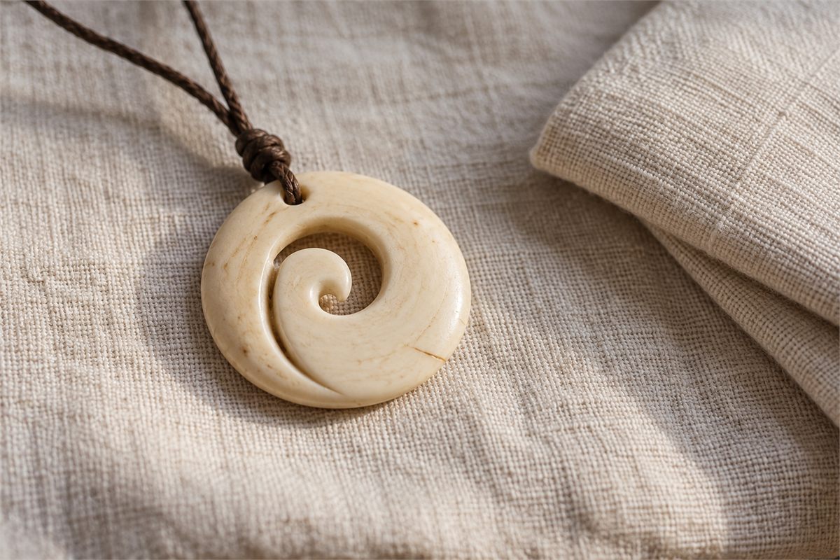 Pale pendant with a fine surface line resting on cotton.