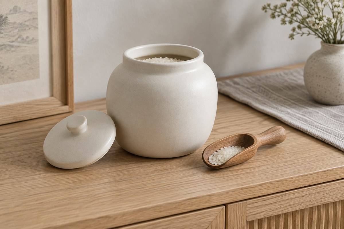 A matte ceramic storage jar with a small measure of rice beside it.