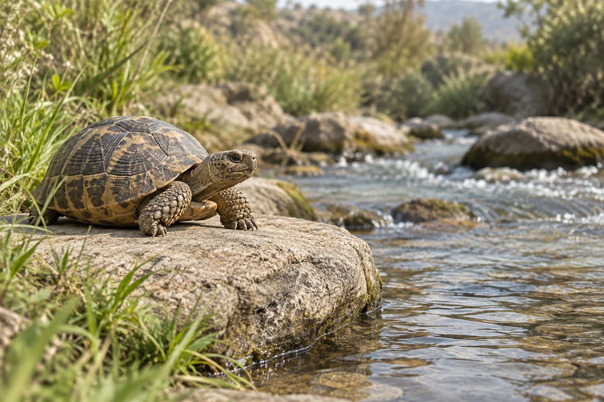 A tortoise resting on a smooth rock beside gently moving shallow water.