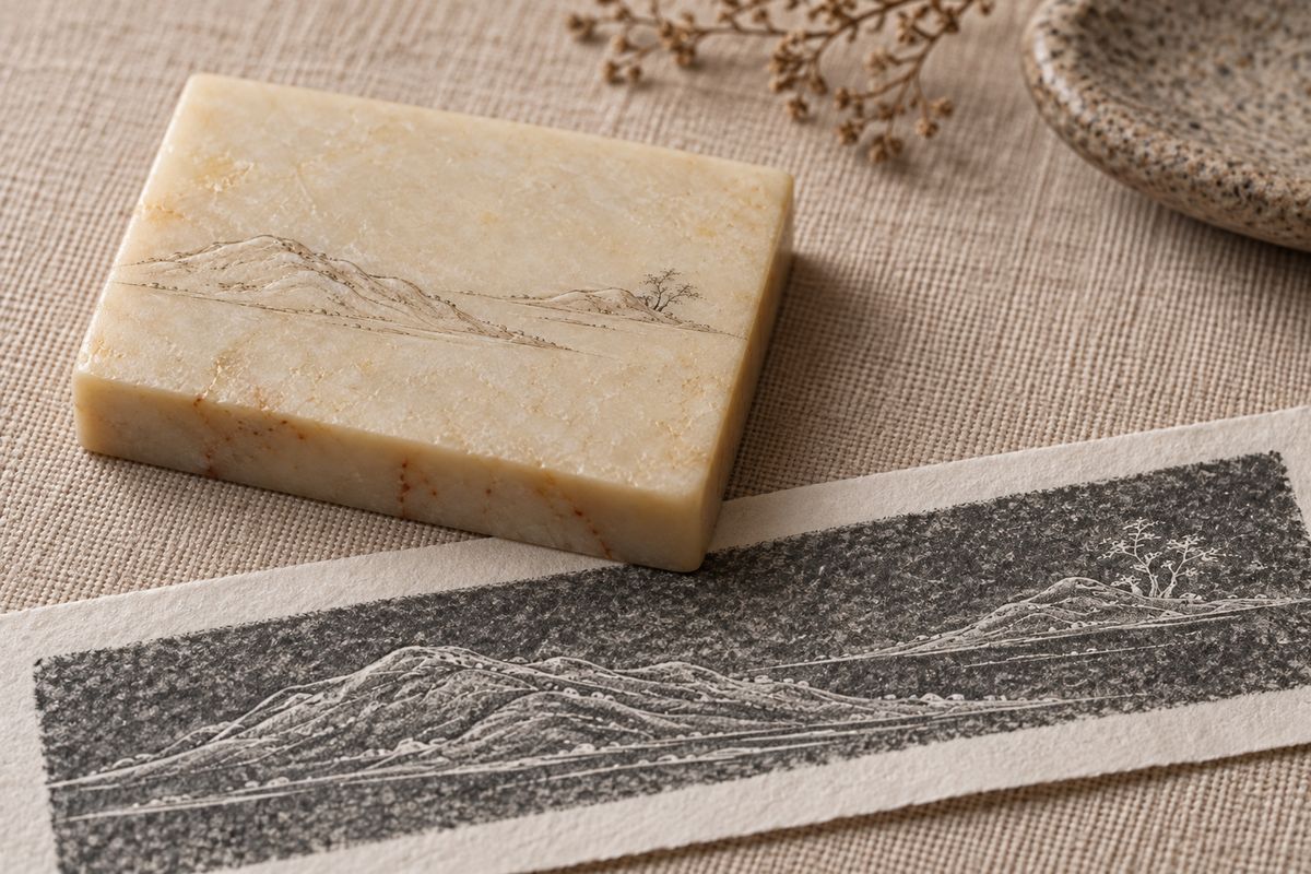 A shallow landscape stone sits beside a black-and-white landscape rubbing.