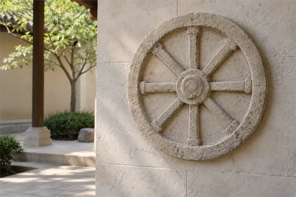 An eight-spoked stone wheel relief on a pale courtyard wall.