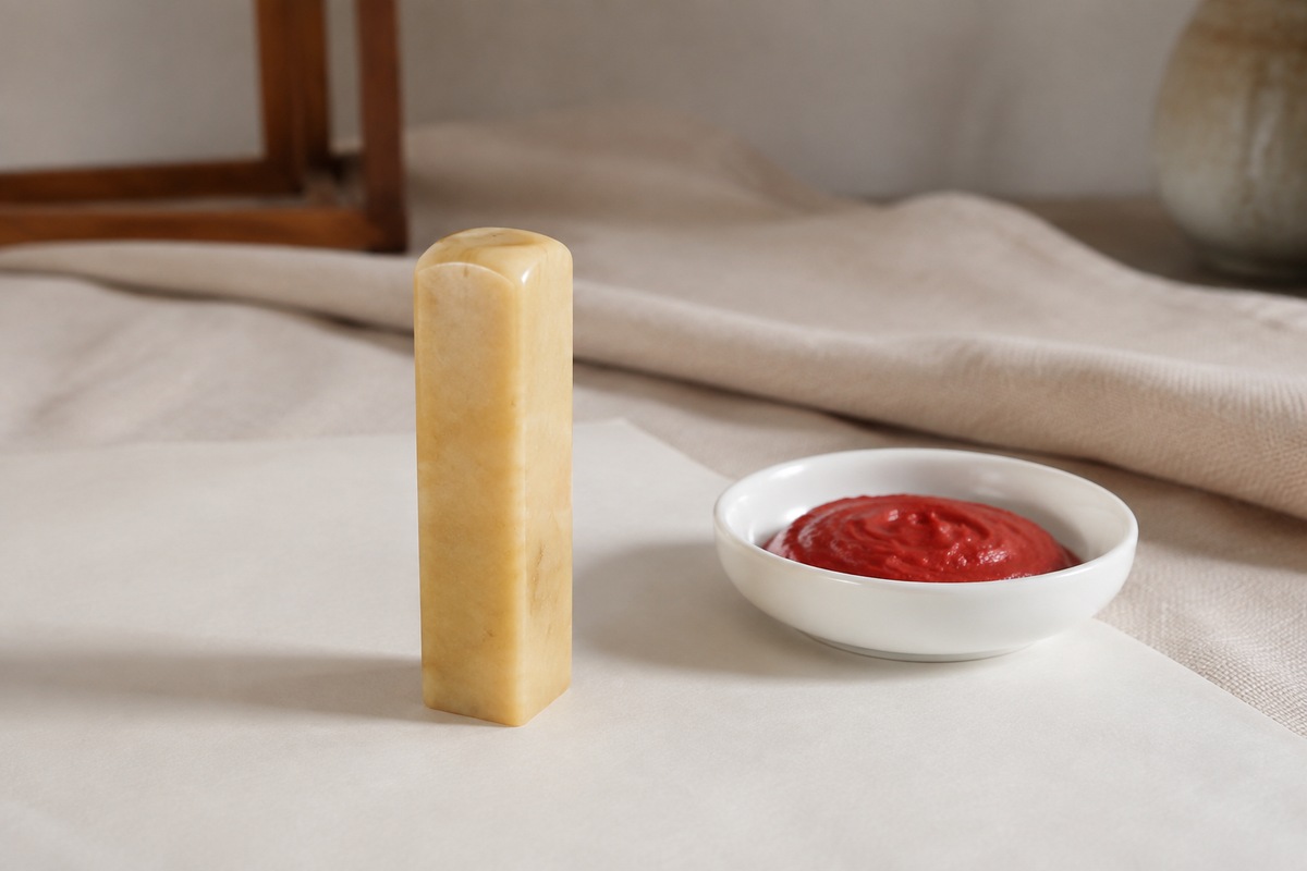 A smooth stone seal stands beside a porcelain dish of red seal paste.