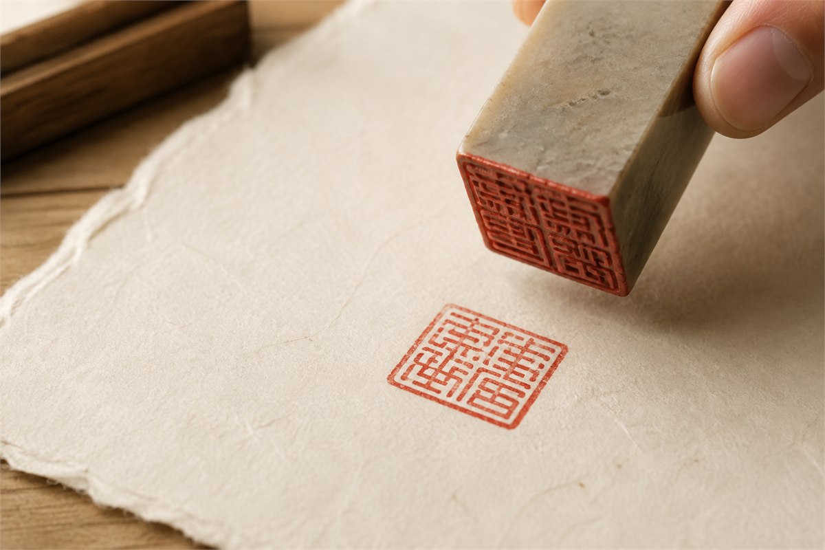 Stone seal lifted above a fresh cinnabar impression on handmade paper