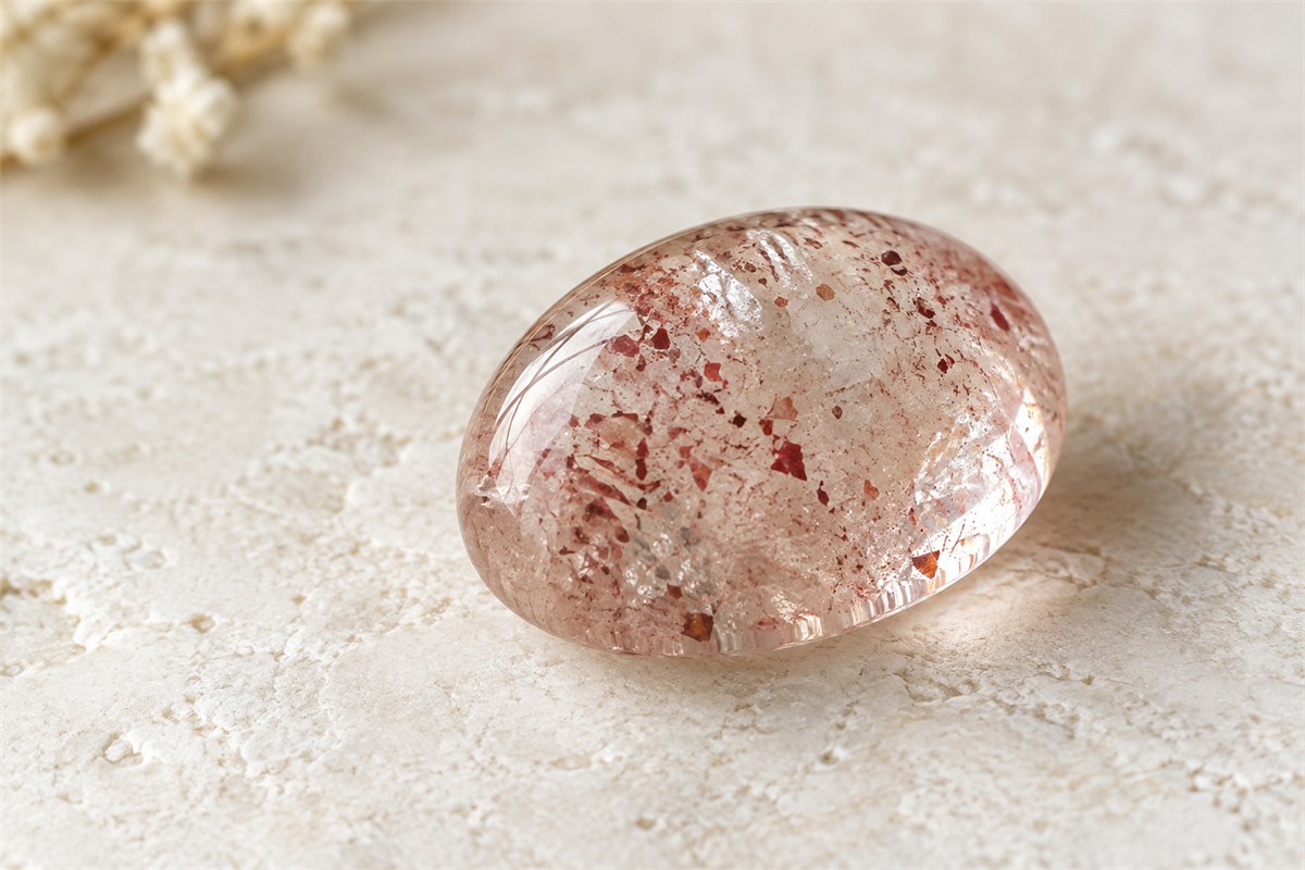 A pale quartz cabochon with fine reddish inclusions on a cream surface.