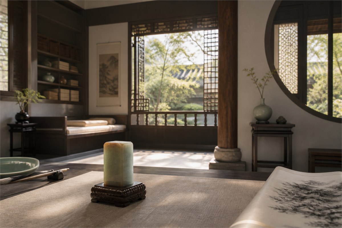 Serene Chinese scholar’s room with a stone seal, books, lattice windows, and garden light