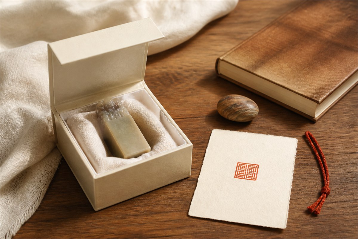 Pale stone seal in a fitted gift box beside an abstract red impression card and cord