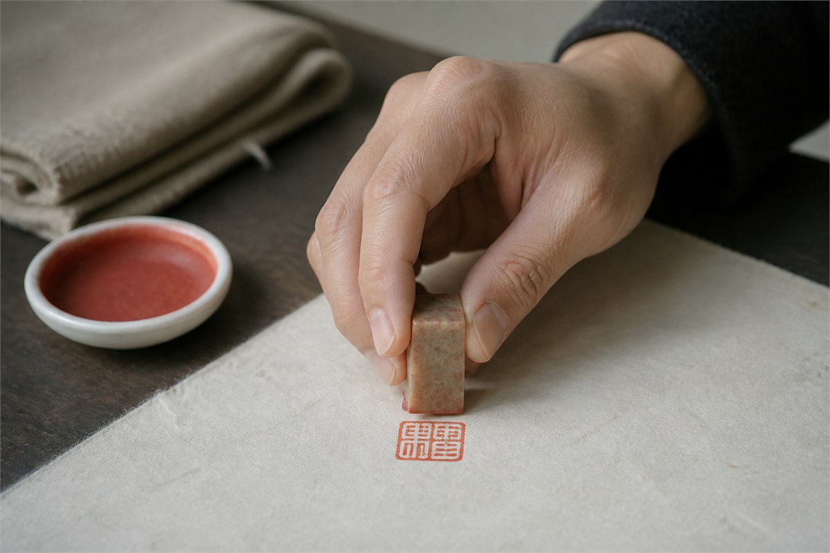 Hand lifting a pale stone seal from an abstract red impression on handmade paper