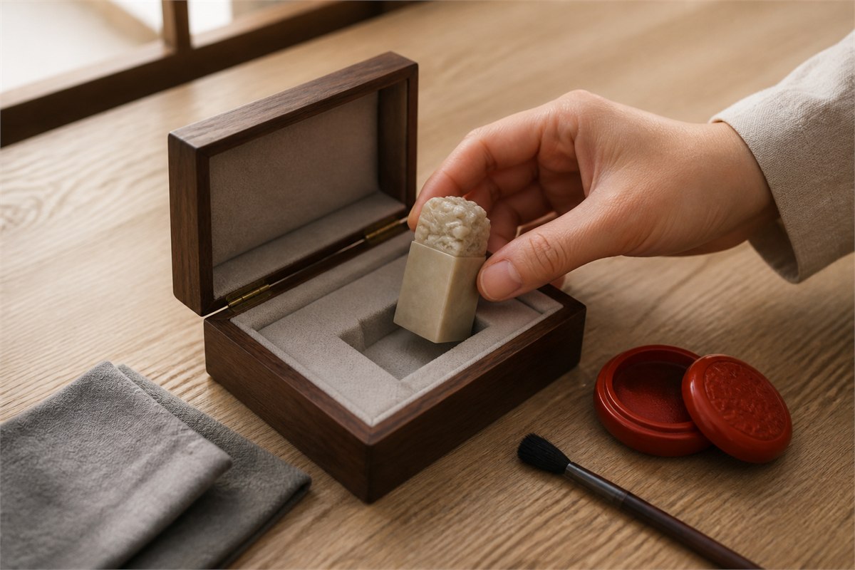 Hand placing a pale stone seal into a fitted wooden box beside a soft cloth and seal paste