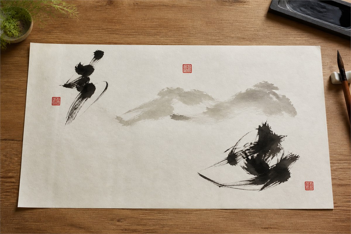 Ink painting with three small abstract red seal impressions placed around open paper