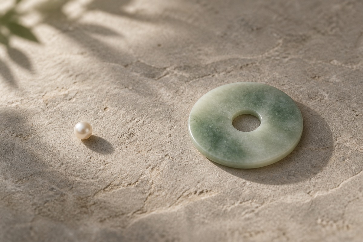 A single cream pearl and a pale green jade disc sit apart on a matte stone surface.