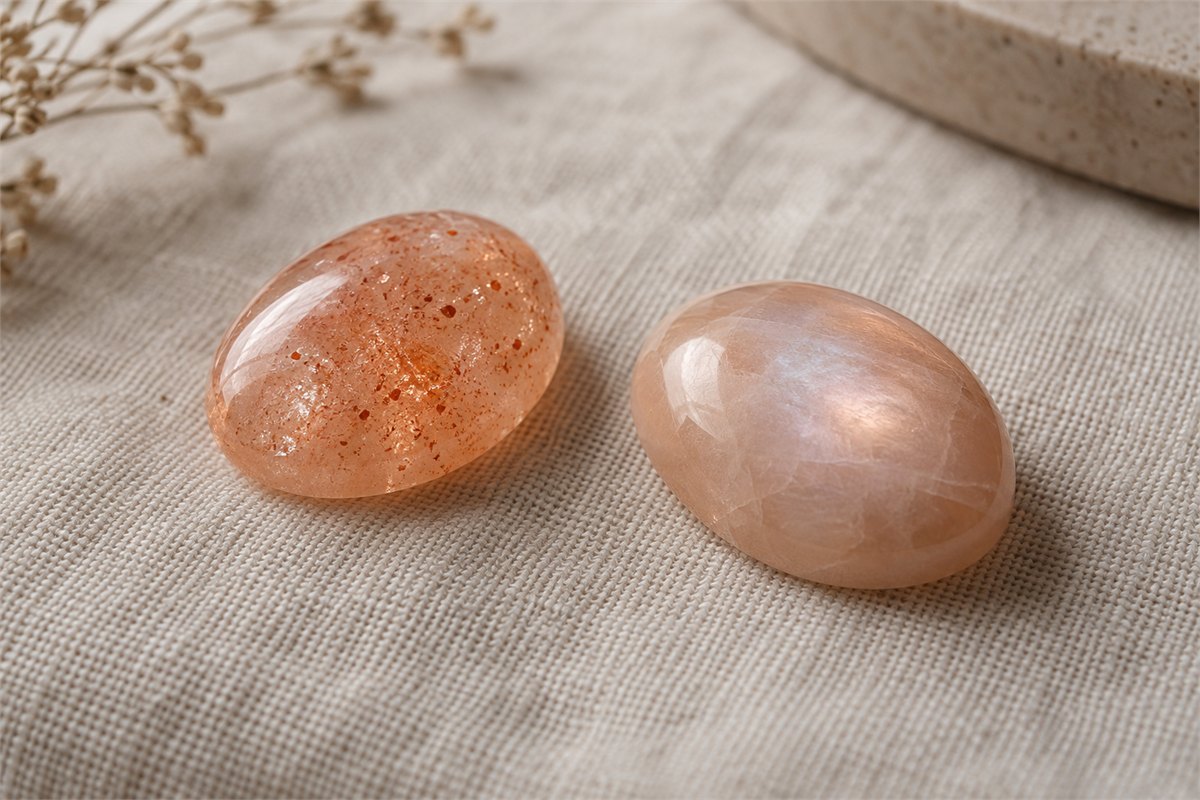 A peach sunstone and a softly lustrous peach moonstone on oatmeal linen.