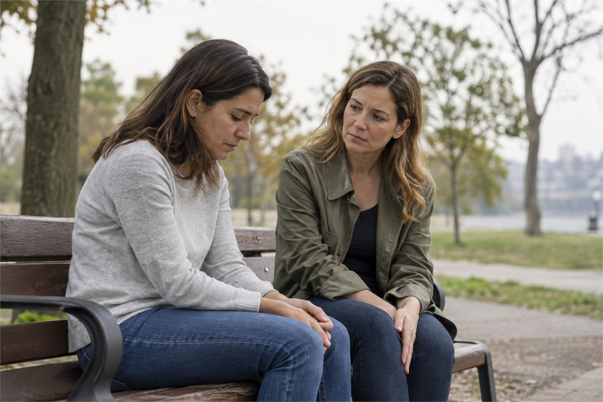 Two friends seated together on a park bench, one listening quietly.