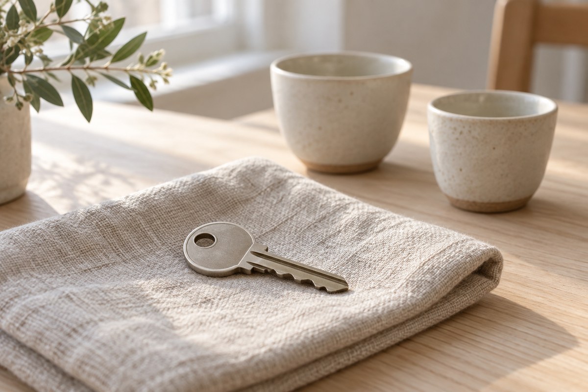 A simple house key on a folded linen cloth beside two small cups.