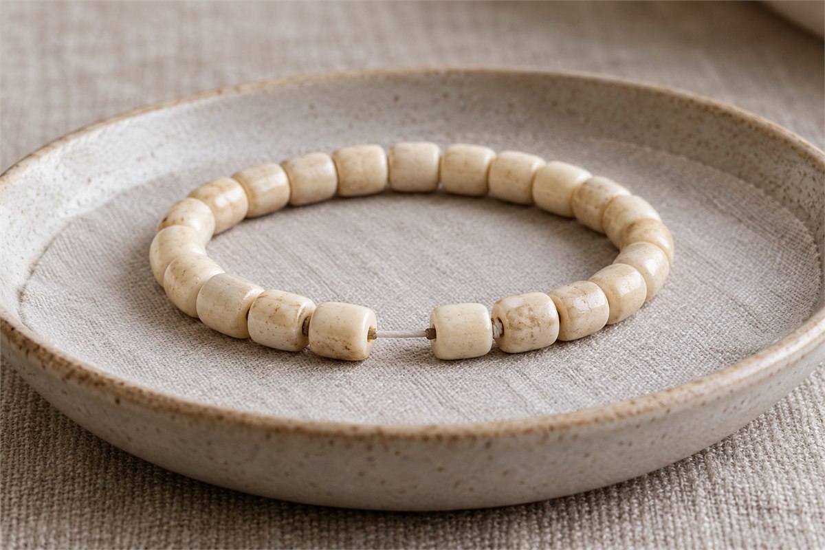 Pale bead bracelet lying flat in a fabric-lined dish.