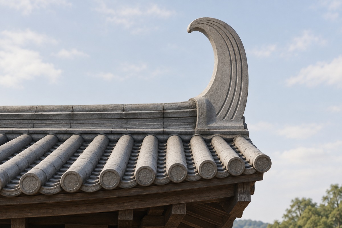 Simple gray ceramic Chiwei tail curving inward at a main ridge end