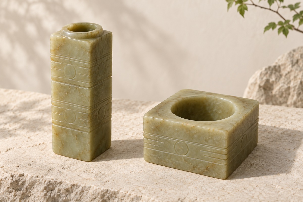 Tall stacked jade cong beside a short broad cong on a neutral surface