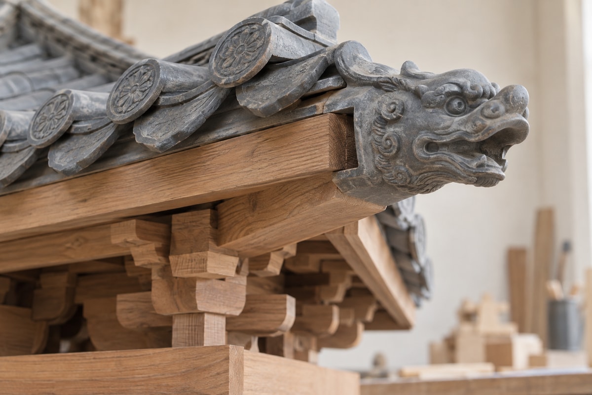 A beast-shaped ceramic sleeve covering a wooden corner-beam end beneath roof tiles.