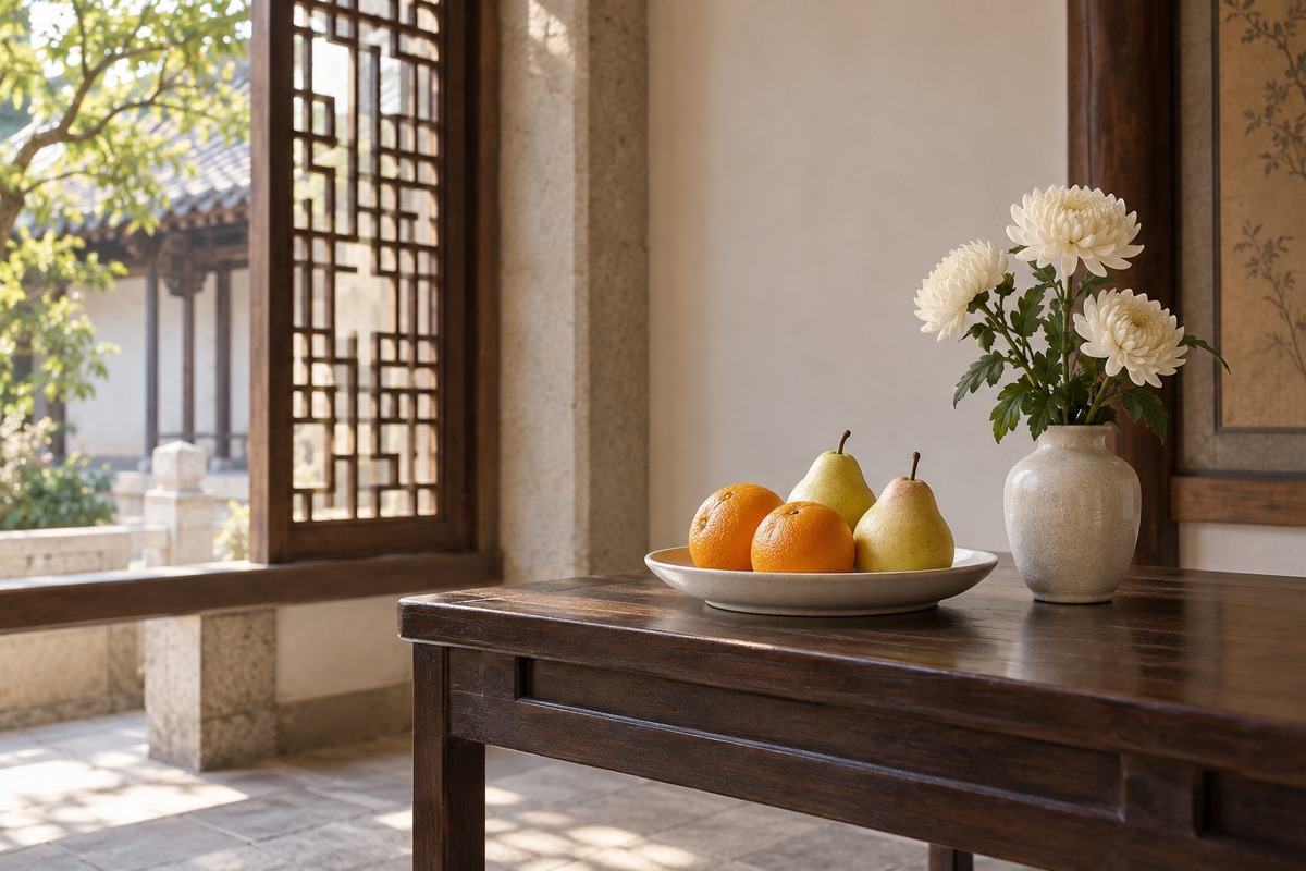 A restrained temple offering table with whole fruit and a simple flower arrangement in natural daylight.
