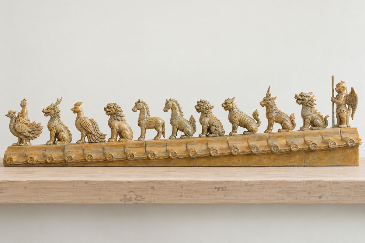 A ceramic model with a phoenix rider followed by ten figures, ending with winged Hangshi.