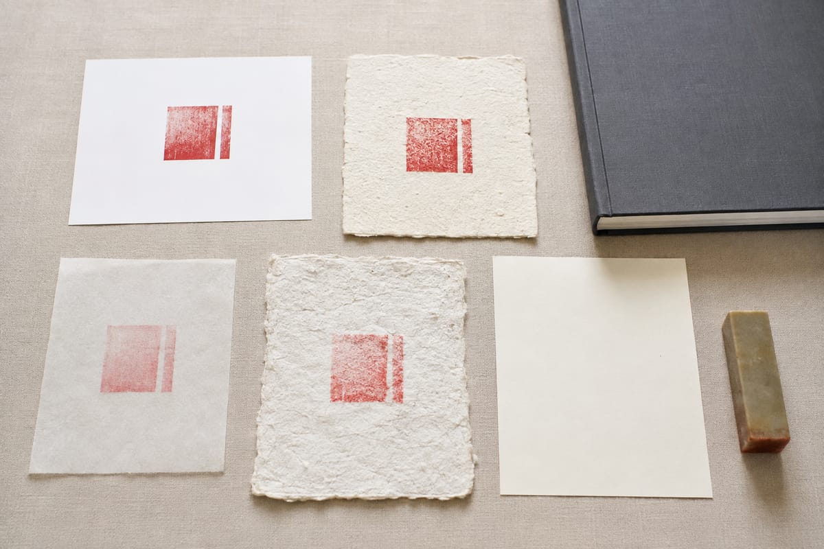 Abstract red test impressions on four papers with different textures