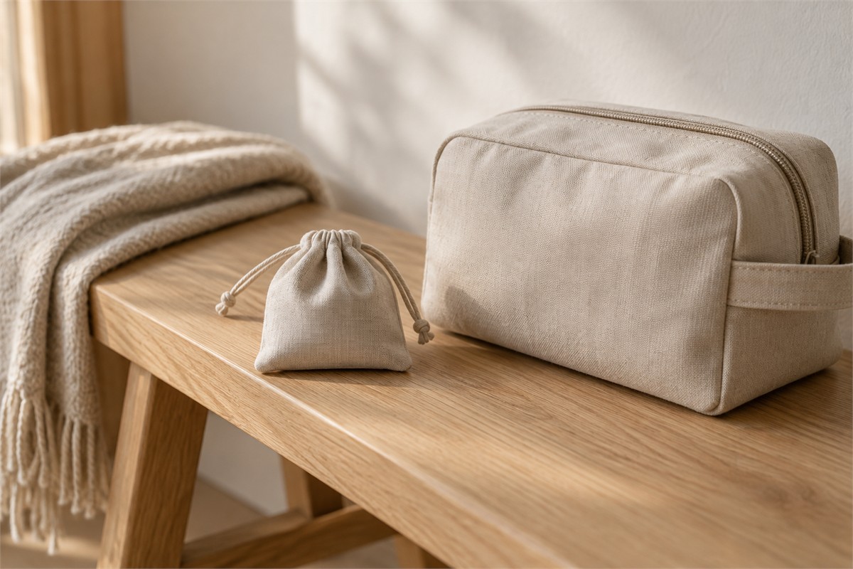 Closed cloth jewelry pouch beside a neutral travel bag.