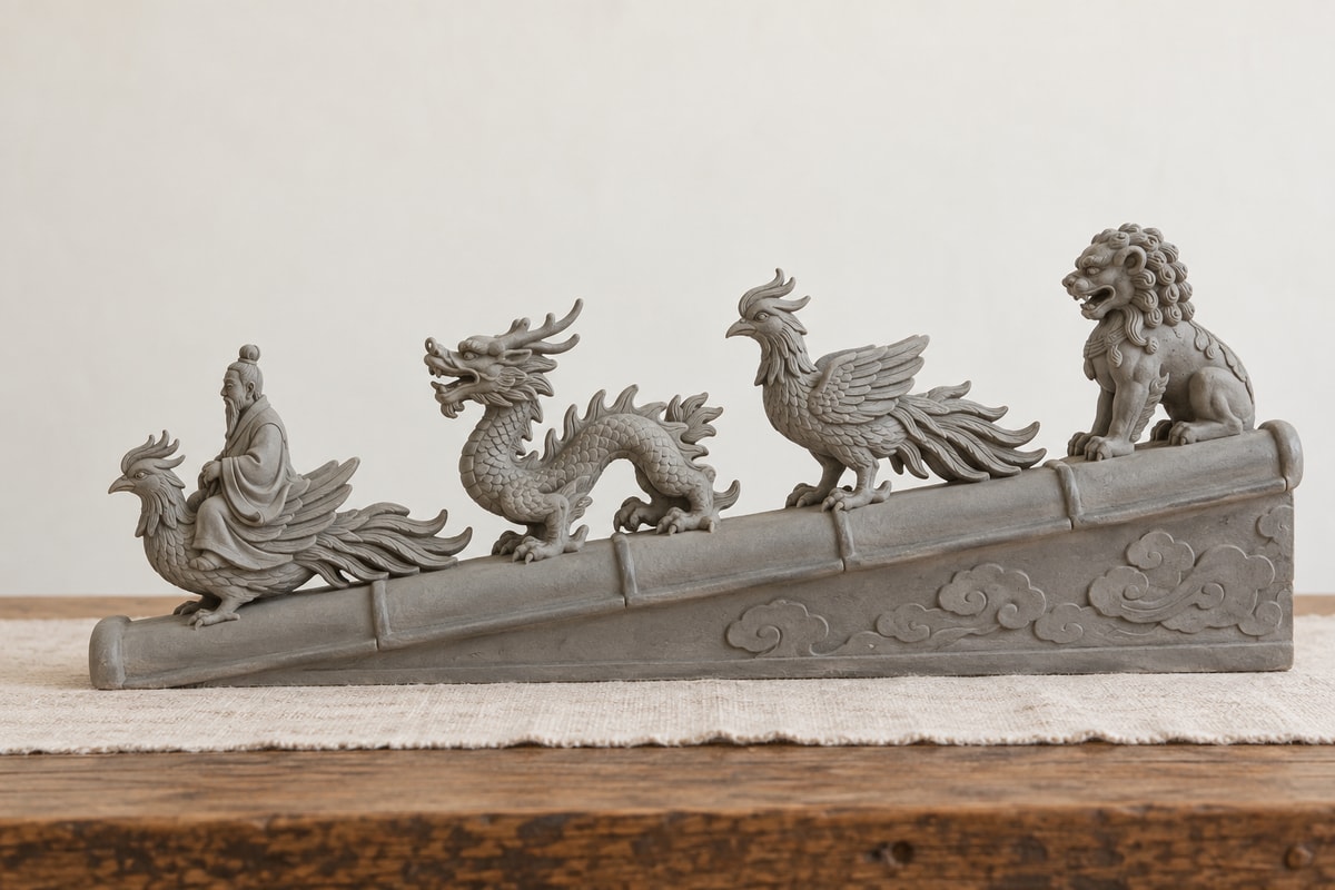 A gray ceramic rider group followed by a dragon, phoenix and lion on a sloping base.